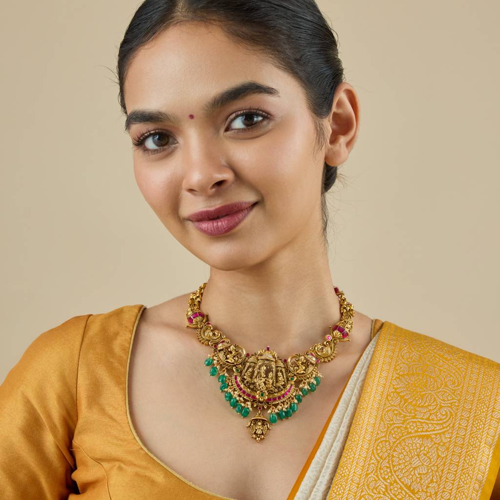 Ruby-Green Oxidised Gold - Plated Bridesmaid Temple Necklace - 429909 : 429909
