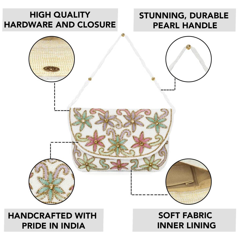 White Floral Clutch Bag Ethnic Purse For Women & Girls : C182W