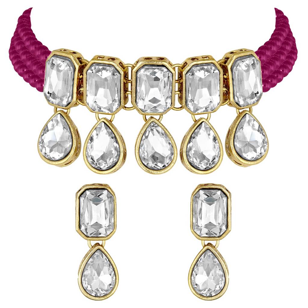 Crystal Pearl Traditional Ethnic Bridal Choker Necklace With Earrings Jewellery Set For Women Girls : PF24N2905RP