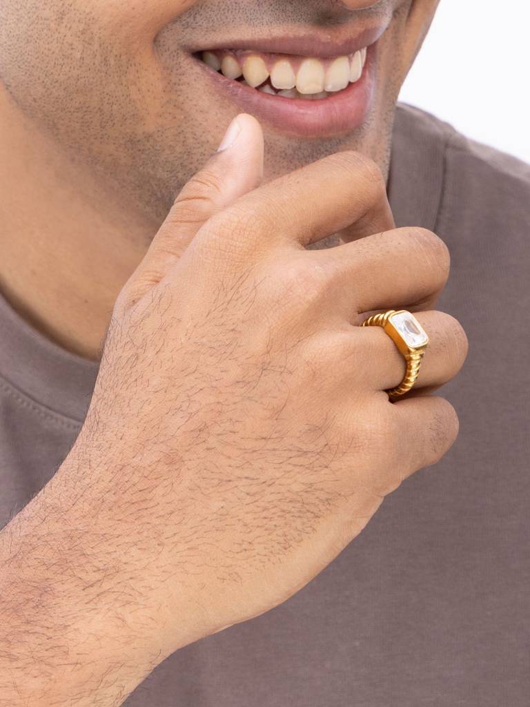 Mens White Zircon Statement Ring Anti-Tarnish Waterproof 18K Gold Plated : AWX0925R1463WH8_M