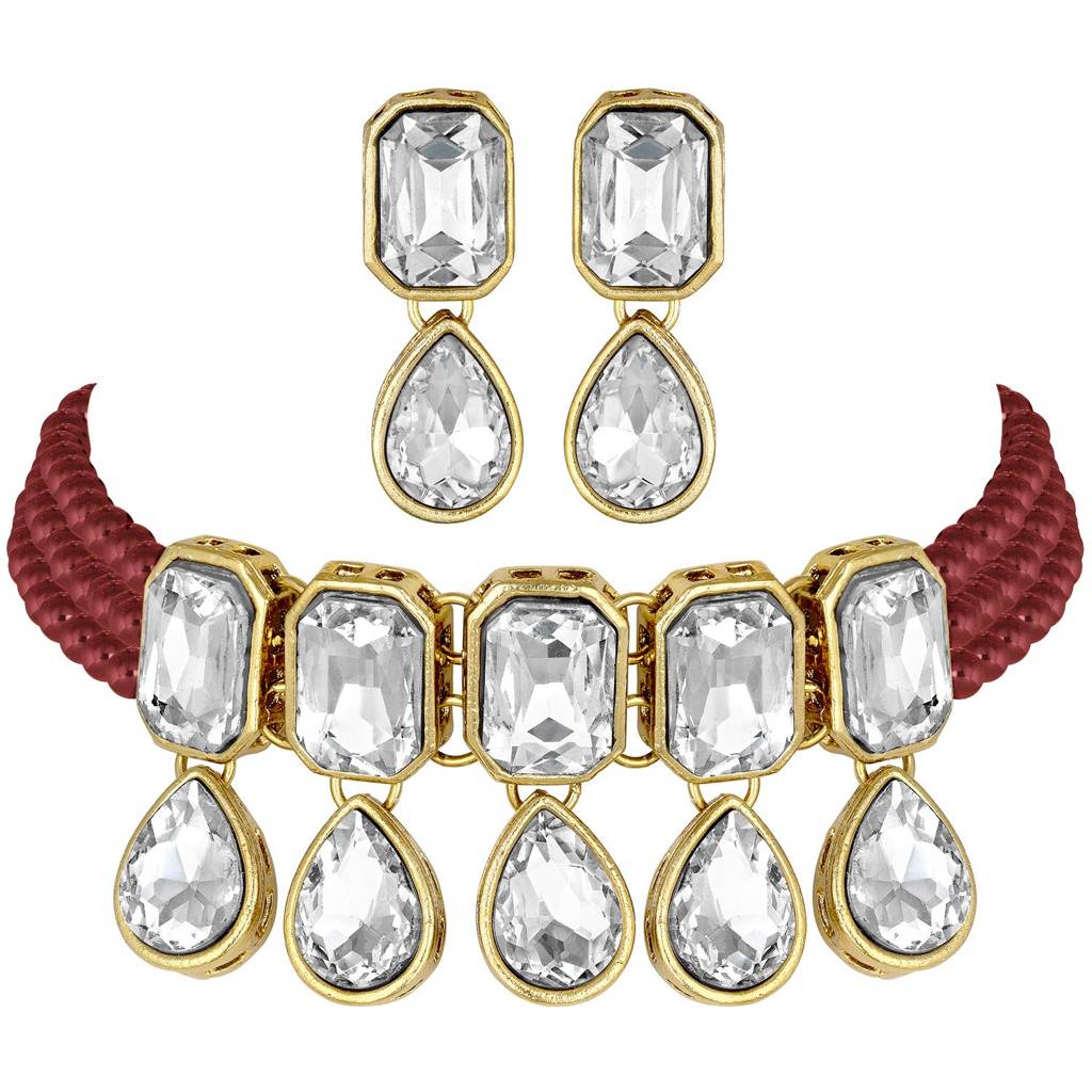 Crystal Pearl Traditional Ethnic Bridal Choker Necklace With Earrings Jewellery Set For Women Girls : PF24N2905M