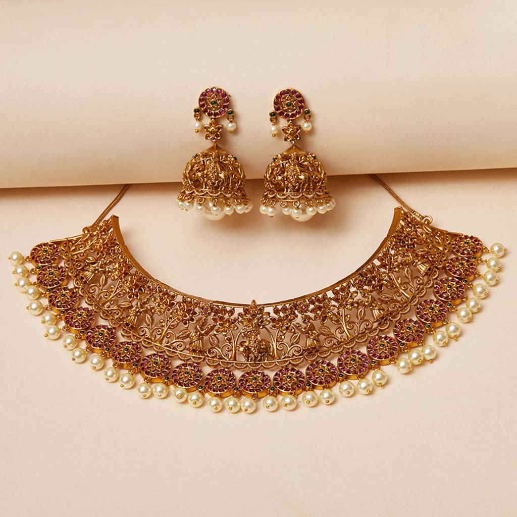 Temple Inspired Faux Pearls And Cz Gems Brass Gold Plated Jewellery Set : 8905124465433