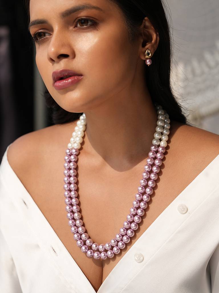 Roselle Elegant Double-Strand Semi-Precious Pearl Necklace With Kundan Studded Earrings : 604NKS24DR