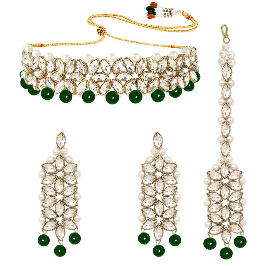 Indian Traditional Gold Plated Kundan Green Faux Pearl Wedding Bridal Choker Necklace Jewellery Set With Earring : PF25BRC105G