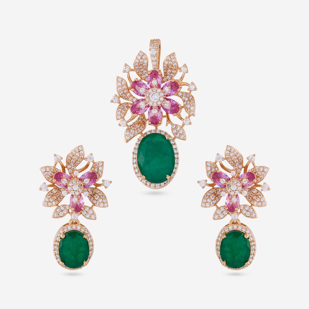 Pnk Gld Ros - Plated Party Wear Zircon Pendant Set - 470861 : 470861