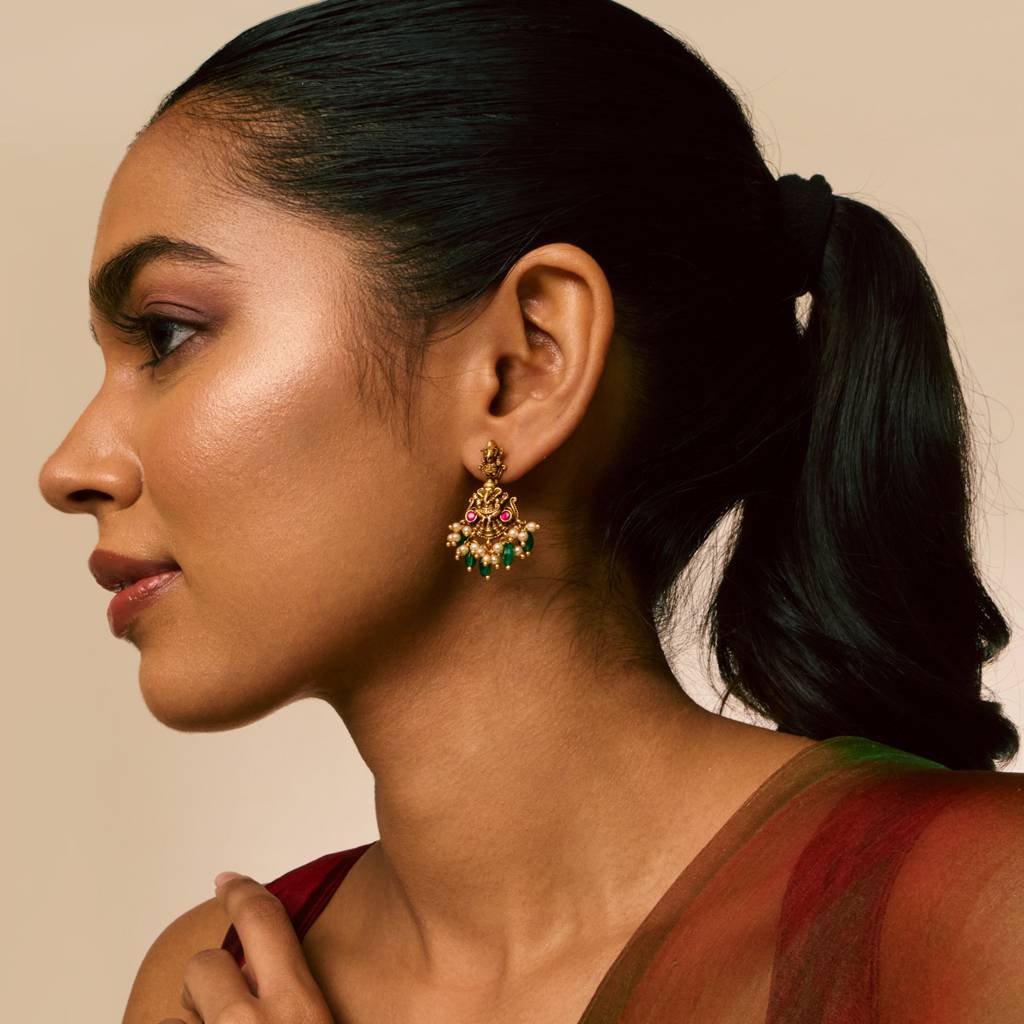 Ruby-Green Gold - Plated Festive Temple Earring - 452104 : 452104