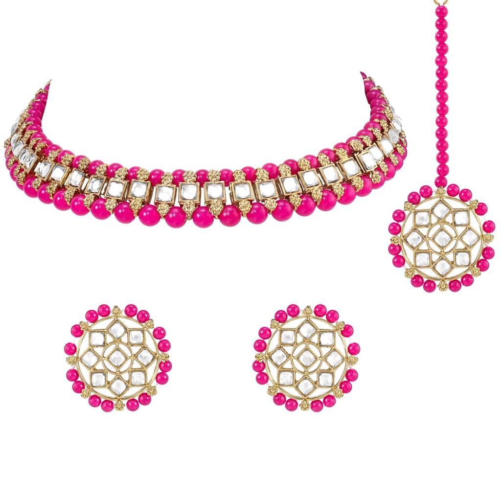 Traditional Gold Plated Kundan Choker Necklace Round Stud Earring & Maang Tikka Ethnic Jewellery Set Gift For Wom : PF28N227RP