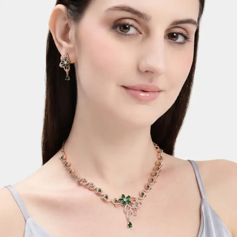 Cz Floral Statement Necklace Set | Grand Festive & Cocktail Jewellery : AD-937-RGGN-NKER