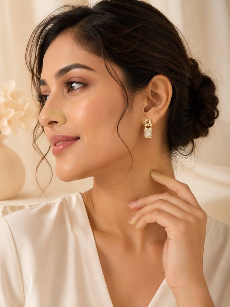 18K Gold Plated Crystal Lock Drop Stud Earrings : AN-VM-GO-0145-DE