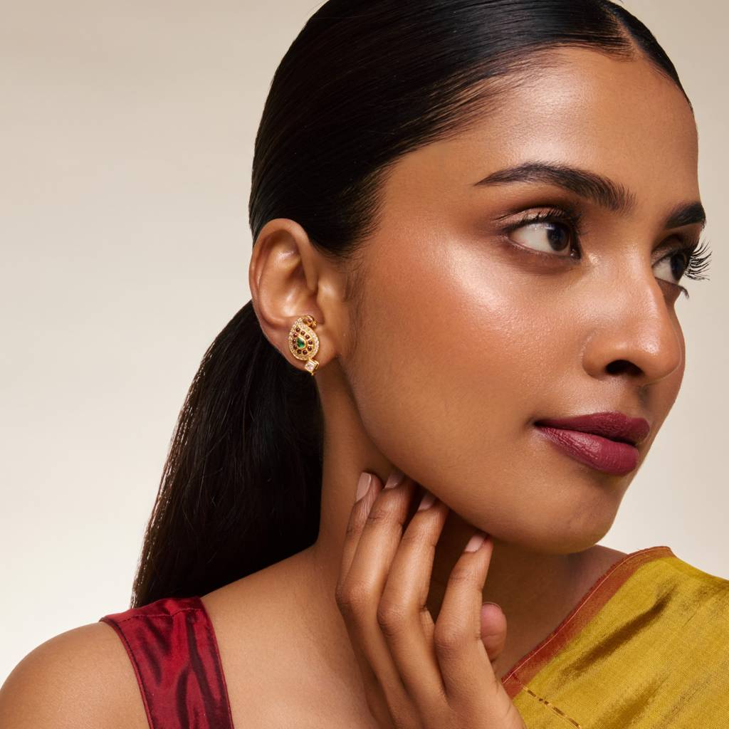 Ruby-Green Gold - Plated Festive Temple Earring - 462018 : 462018