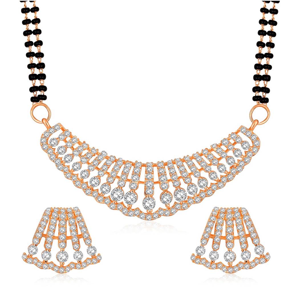 Rose Gold Plated Cubic Zirconia Studded Pendant Mangalsutra Stud Earring Set Jewellery Anniversary Gift For Women : PF43MS04C