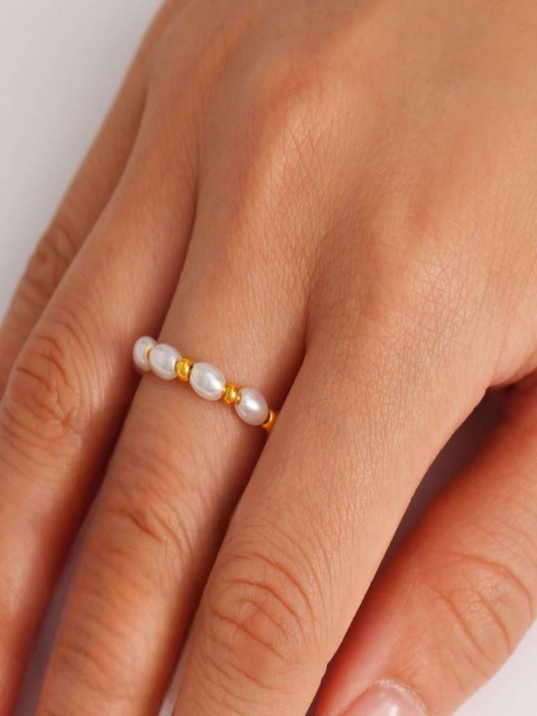 Pearl Bead Stacking Ring For Women Anti-Tarnish Waterproof 18K Gold Plated : ALL1125R025_6