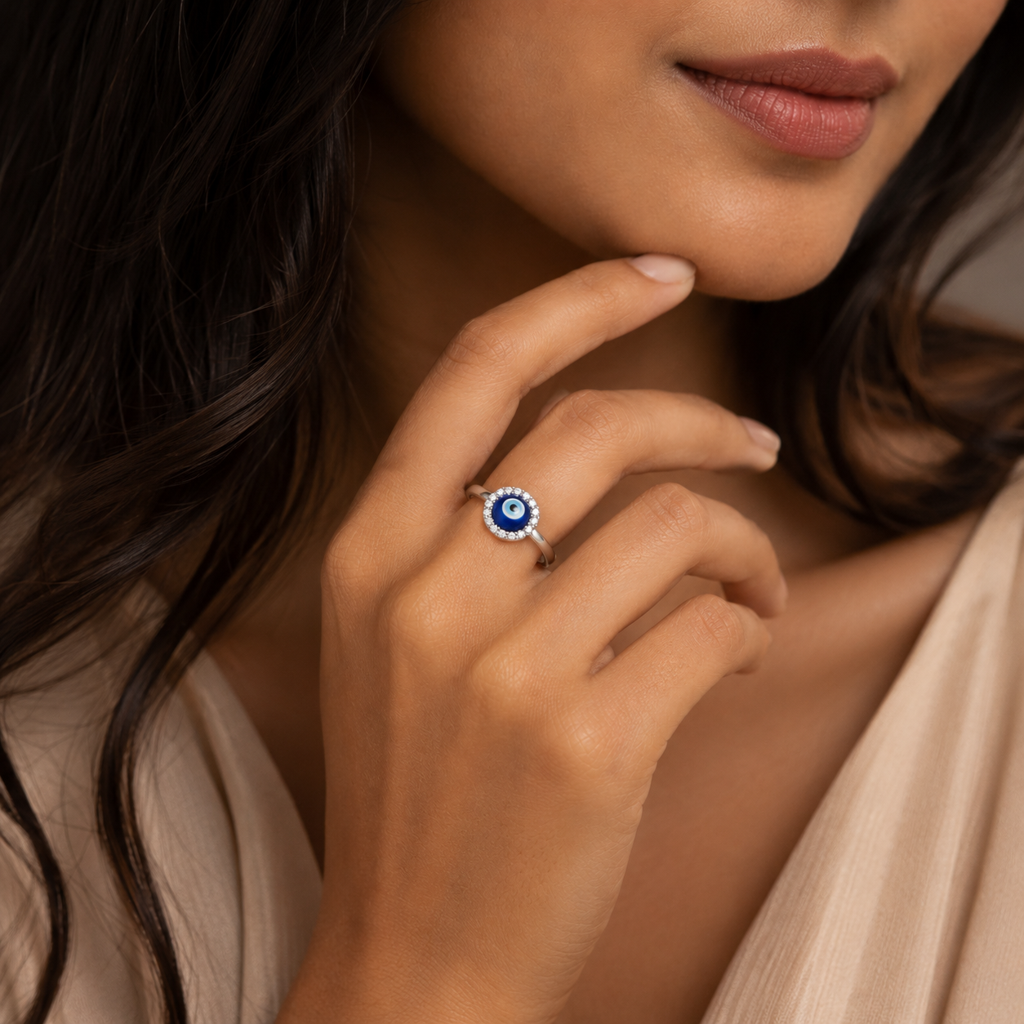 925 Sterling Silver Evil Eye Cz Adjustable Ring : SMK-W-RN-012