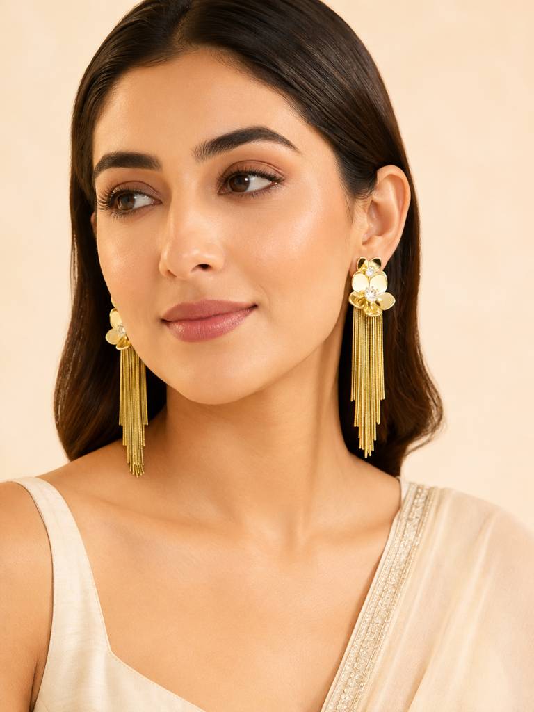 Crystal Floral Tassel Gold Drop Earrings : AN-LJ-GO-0075-DE