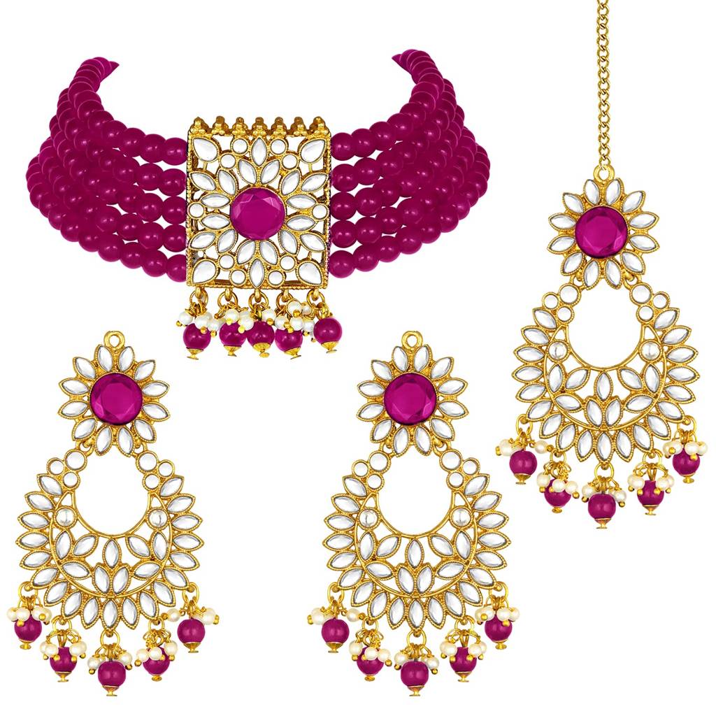 Gold Plated Jodha Akbar Kundan Rani Pink Faux Pearl Choker Necklace With Earring Maang Tikka Traditional Bridal  : PF24N2929RP