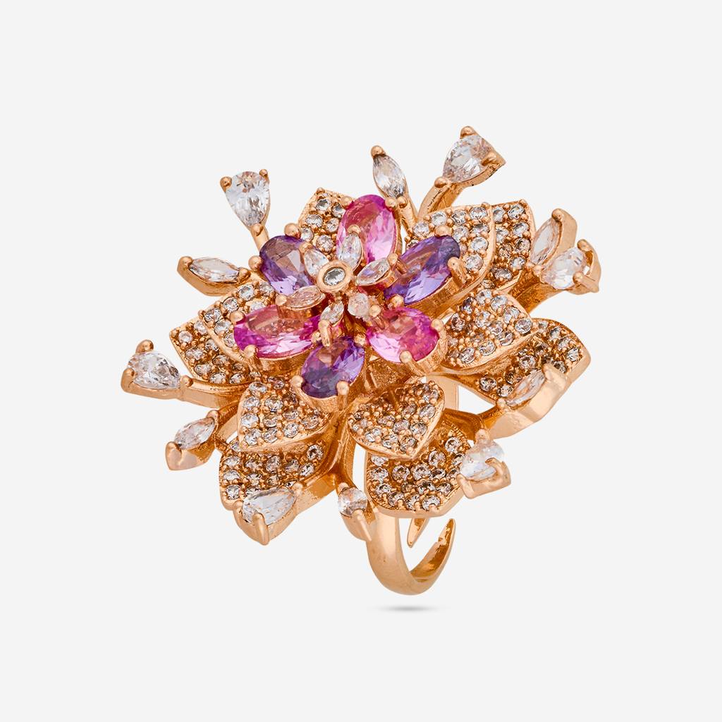 Pink-Lavender Gold-Rose - Plated Party Wear Zircon Finger Ring - 472407 : 472407