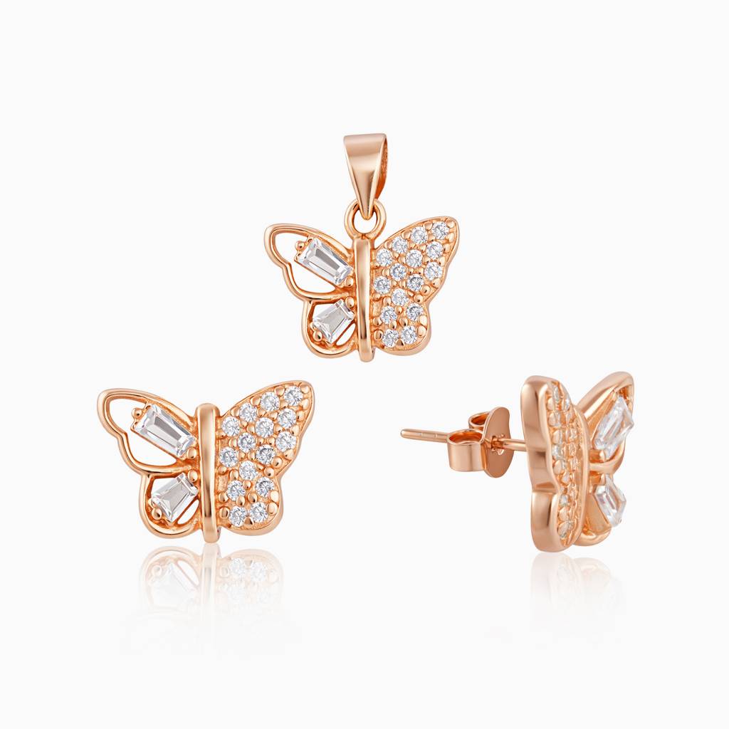 925 Sterling Silver Halo Butterfly Pendant & Earrings Set For Women : SKN26N1912