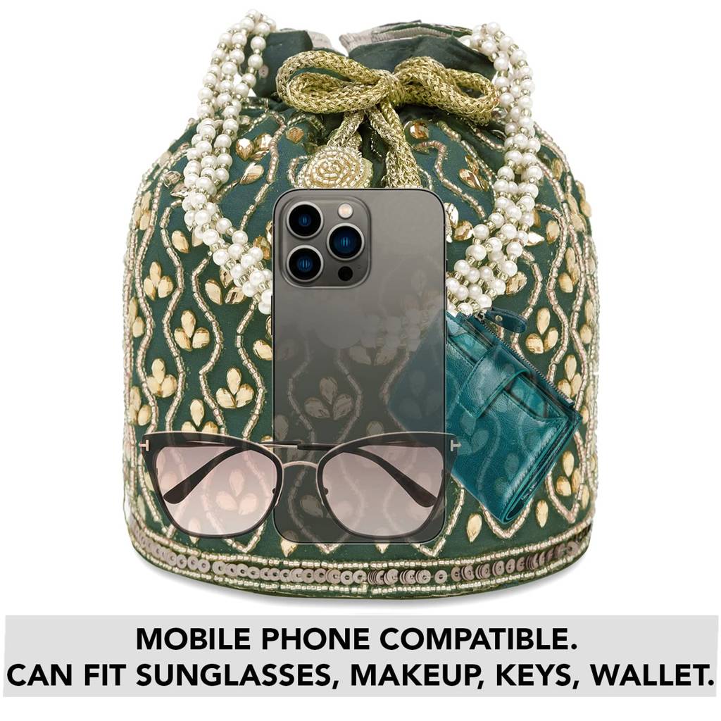 Potli Bag For Women Handmade Evening Wristlet Handbag Stylish Bridal Purse Fashion Bag For Girls (P88B) : P88GRN