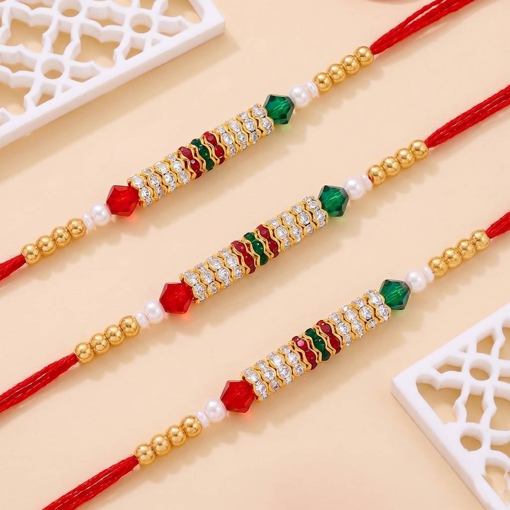 Eternz Certified Jewellery - Peora Rakhshabandhan Thread Rakhi For Brother Bhaiya Crystal & Beads Studded Red White Set Of 3 Rakhi Hamper Roli Chawal & Greeting Card (Free Size)