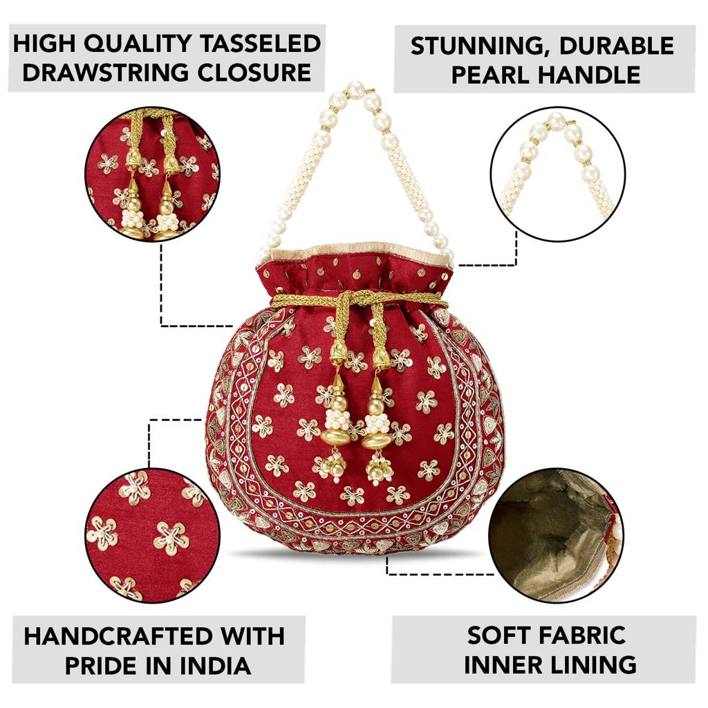 Potli Bags For Women Evening Bag Clutch Ethnic Bride Purse With Drawstring (P54Crm) : P54R