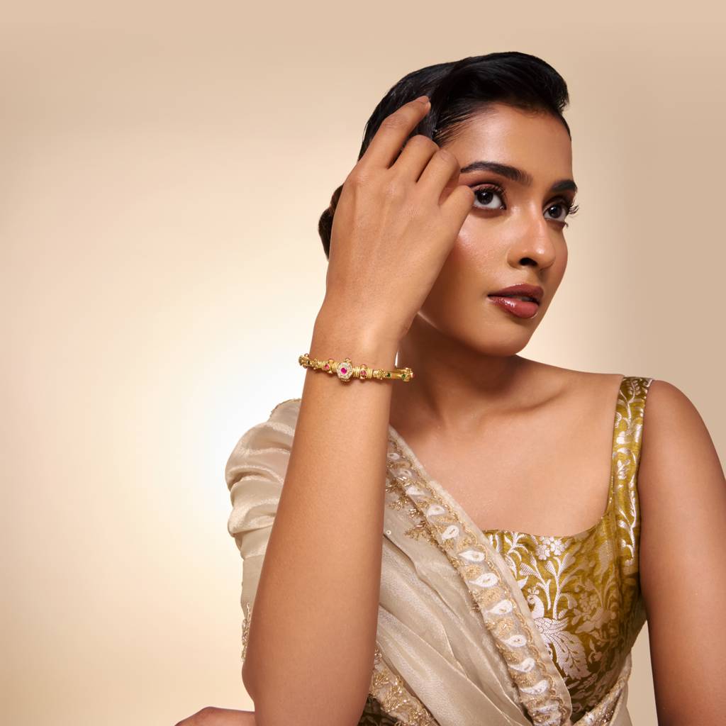 Ruby-Green Gold - Plated Festive Antique Kada - 464712 : 464712