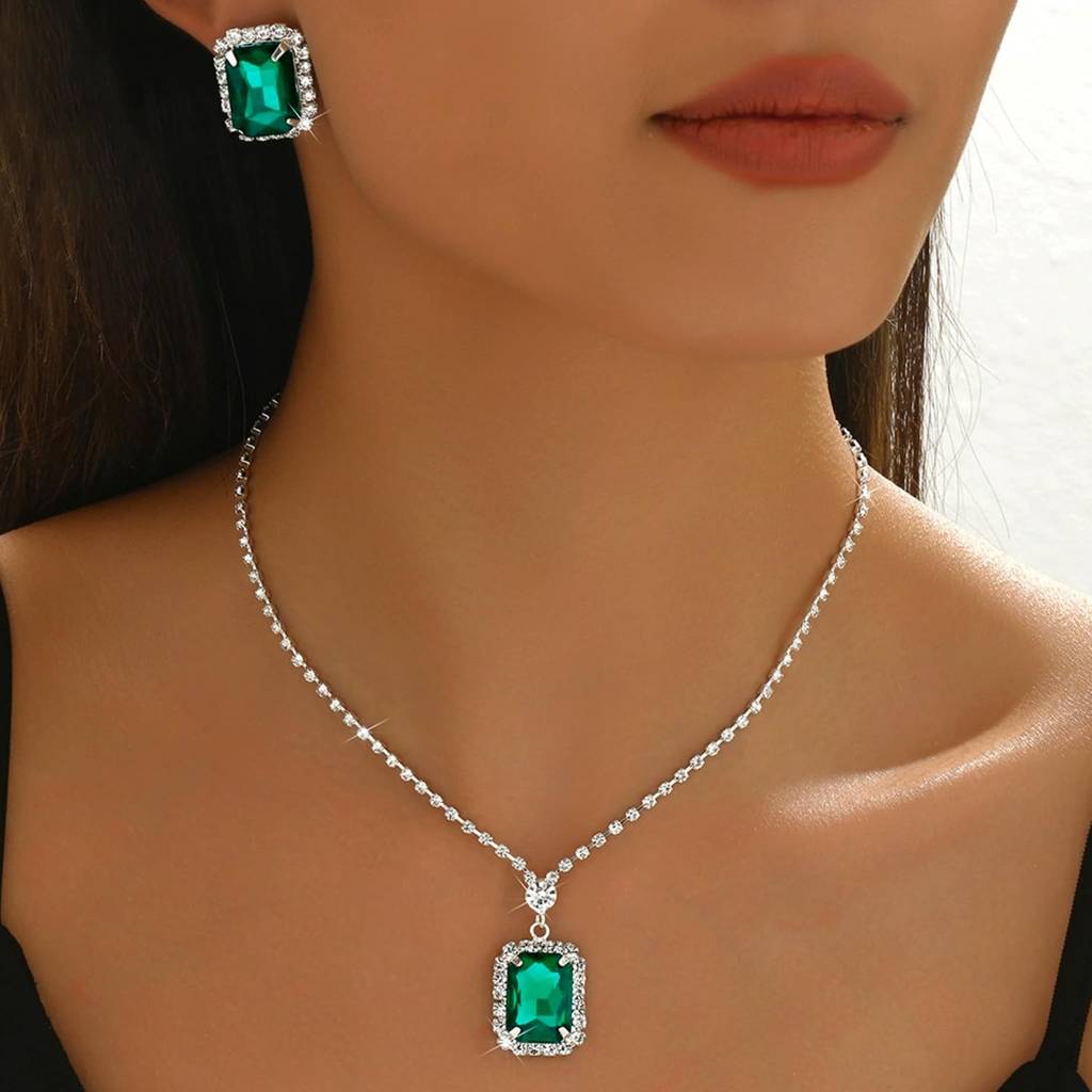 Pendant Chain Necklace Earrings Set For Women & Girls Jewellery Anniversary Gift For Her : PX9N192GRN