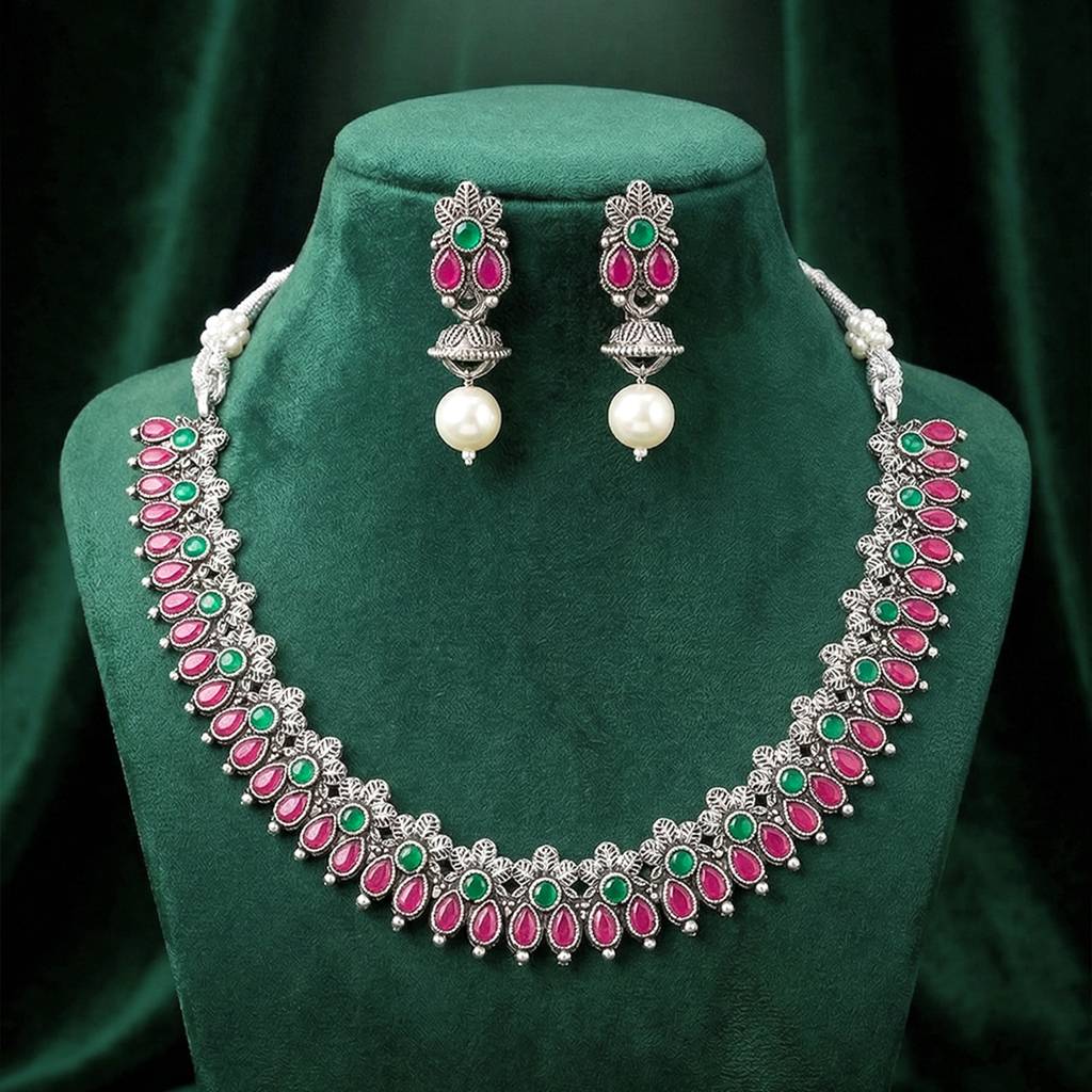 Women'S Silver Plated Ethnic Pink Necklace Earrings Set Crystal Studded Festive Jewellery Anniversary Birthday Gi : PF04N15RPG