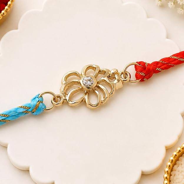 Eternz Certified Jewellery - Estele Gold Plated Jali Work Floral Rakhi With Austrian Crystals And Multi Colored Silk Thread