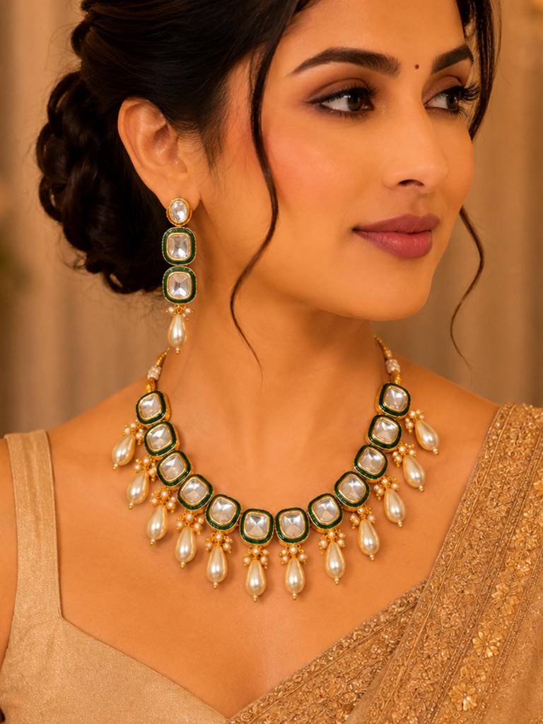 Ethnic Glam Kundan Necklace Set | Wedding Celebration Fashion Jewellery : OSLFJ-405-IGCM_NKER