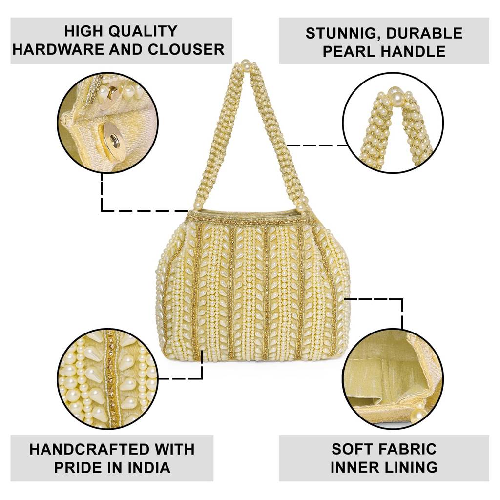 Golden Beads Embellished Potli Bag For Women Handcrafted Bag Stylish Fashion Purse For Girl : P58G-F