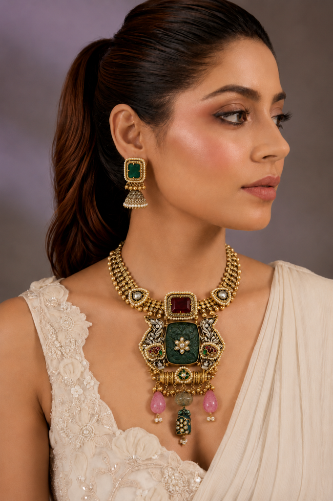 Green Carved Stone Statement Necklace Set With Designer Earrings : VN1163