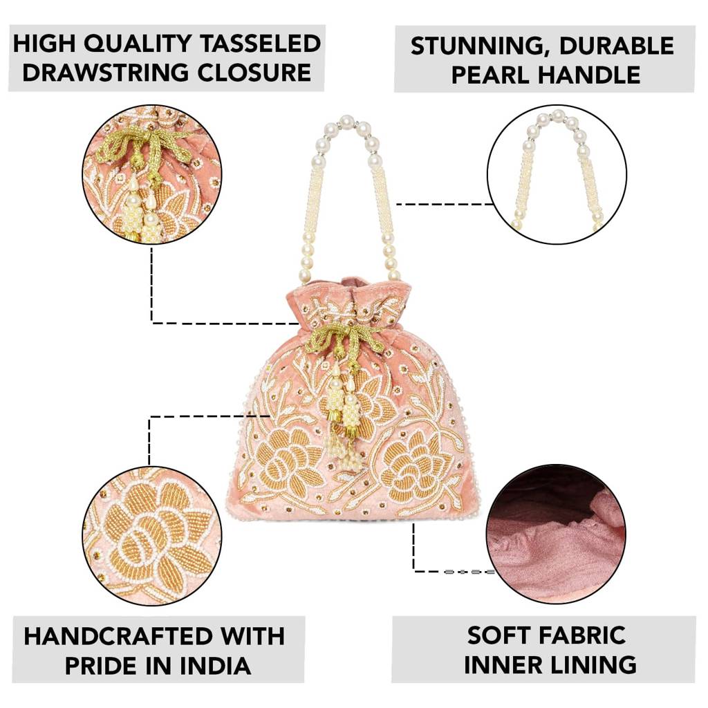 Cream Floral Potli Purses For Women Handmade Evening Handbag Stylish Bridal Fashion Wristlet Bag For Girls : P201PCH