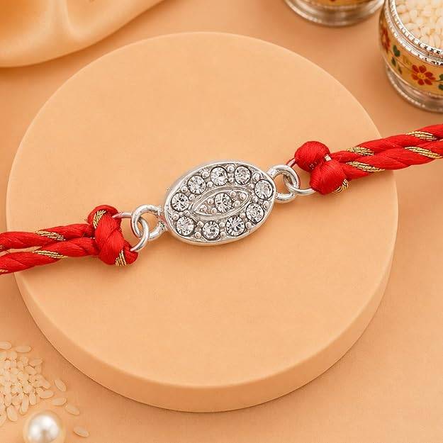 Eternz Certified Jewellery - Estele Rhodium Plated Designer Rakhi With Austrian Crystals And Fancy Silk Thread, Multicolour, One Size