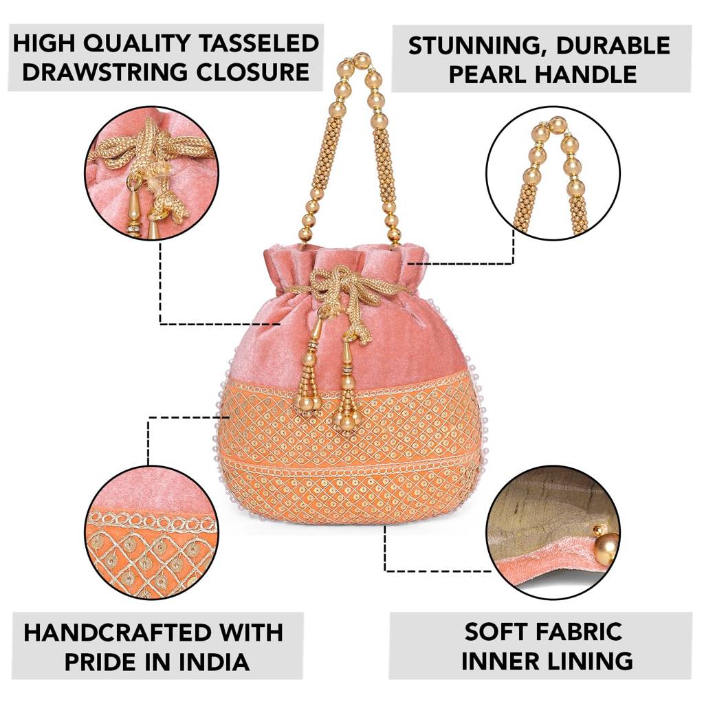 Zari Sequence Potli Bag With Beads Motif Handle For Women Handmade Handbag Stylish Bride Fashion Wristlet Bag For G : P197PK-F