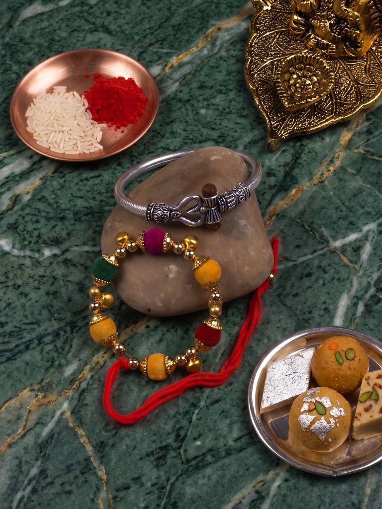 Eternz Certified Jewellery - Stile Adda Luxury Bhai Bhabhi Rakhi Set With Mirror Design – Lumba Rakhi For Brother & Bhabhi