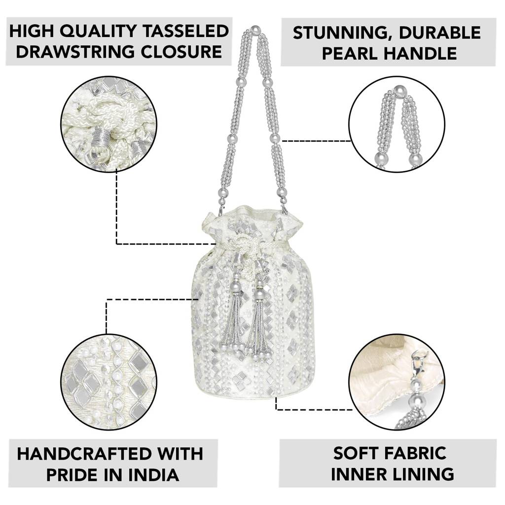 White Embellished Potli Bag Handbag Wristlet Purse For Women & Girls : P25W
