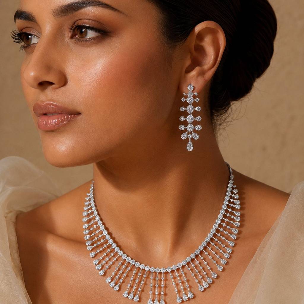Twenty One Jewels 925 Silver American Diamond Bridal Necklace Set With Earrings | Luxury Wedding & Cocktail Jeweller : TNS9119