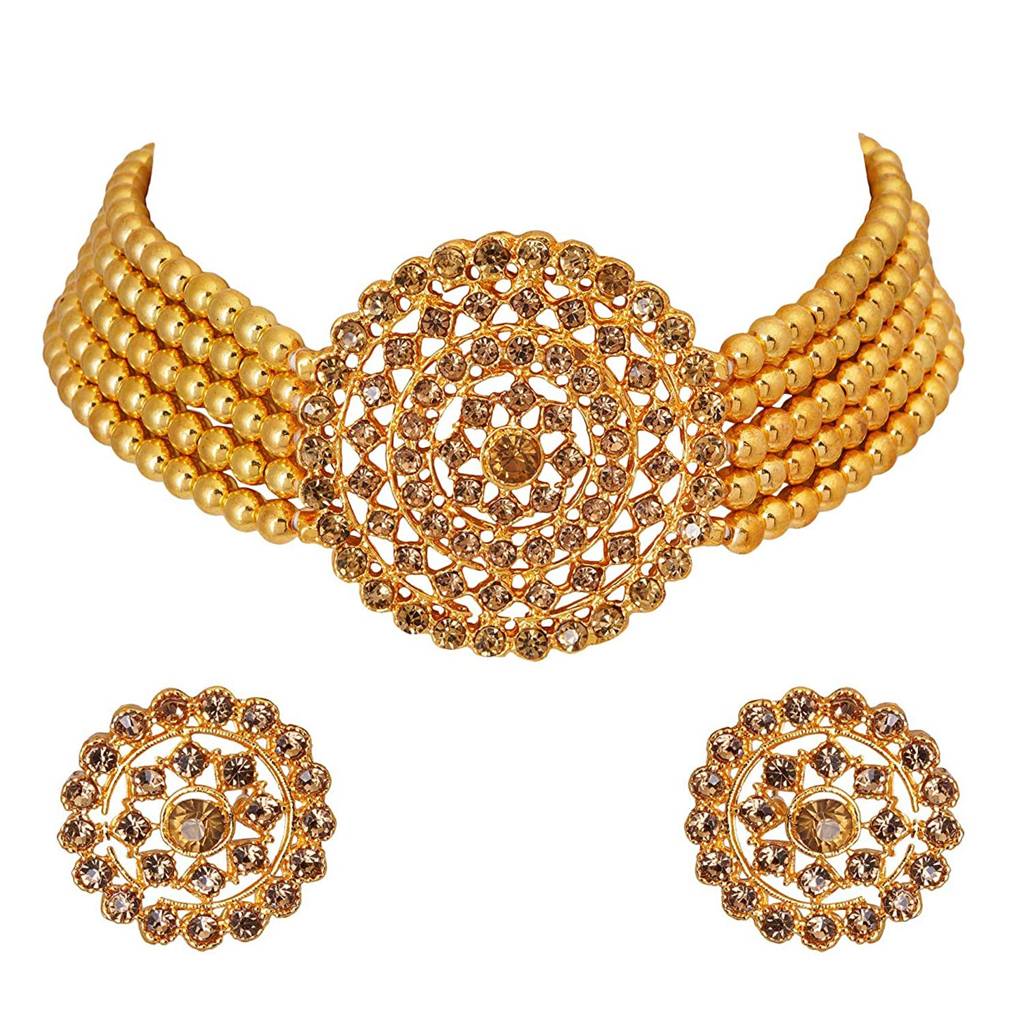 Gold Plated Brass Pearl Diamond Choker Necklace With Round Earrings Traditional Jewellery Set Gift For Women : PF26N1374LCT