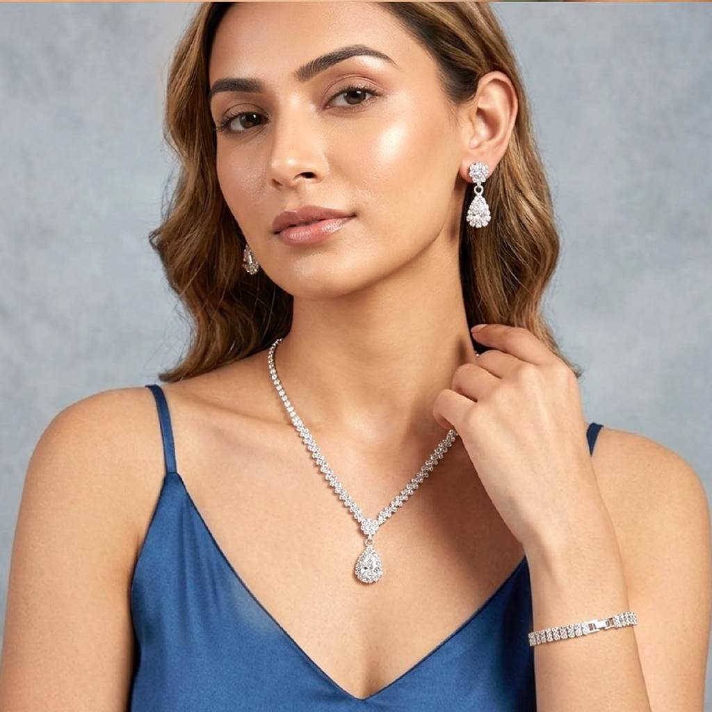 Stylish Necklace Earrings Bracelet Set For Women & Girls Silver Plated Cz & Crystals Studded Festive Fancy Design J : PX9N198W