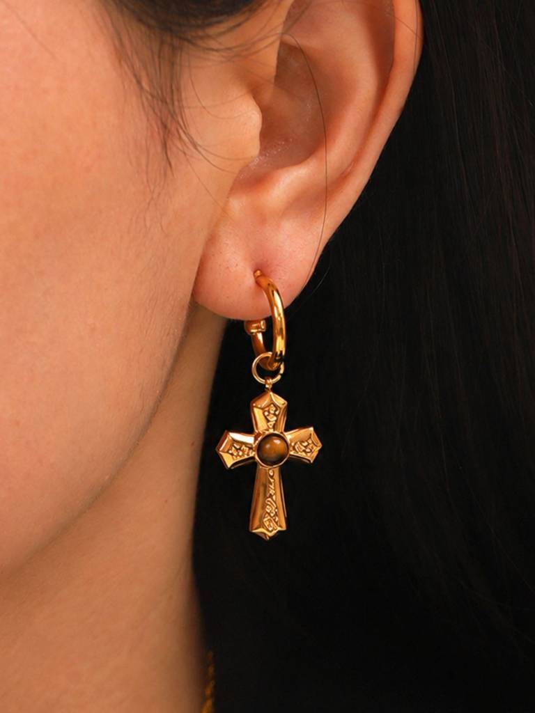 Tiger Eye Cross Drop Earrings 18K Gold Plated Anti-Tarnish Waterproof : AHC0526E751BR