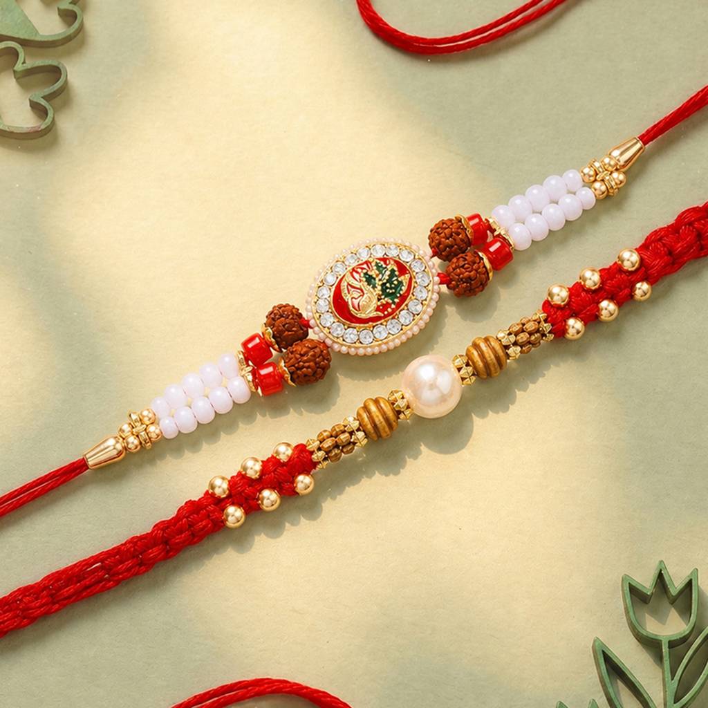 Eternz Certified Jewellery - Peora Rakhshabandhan Thread Rakhi For Brother Bhaiya Beads & Crystals Studded Red White Combo Set Of 2 Rakhi Hamper Roli Chawal & Greeting Card (Free Size)