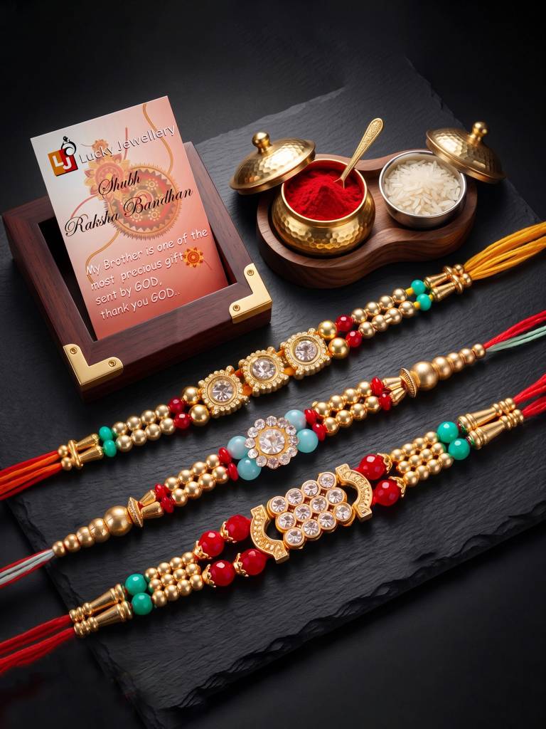 Eternz Certified Jewellery - LUCKY JEWELLERYSet Of 3 Rakhi With Small Crystal Centerpieces, Gold