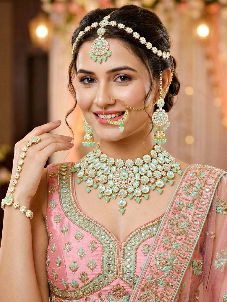 Bridal Kundan Jewellery Set With Hathphool & Nath : 2541-IZK-554-MNT