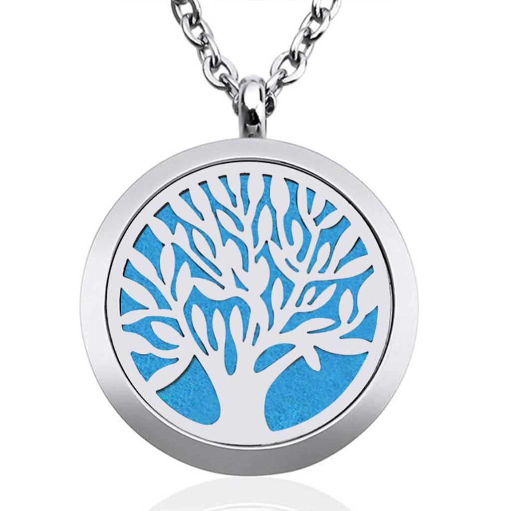 Aromatherapy Essential Oil Diffuser Necklace-Stainless Steel Tree Of Life Locket Pendant For Women Girls With 10 Refi : PFCP71