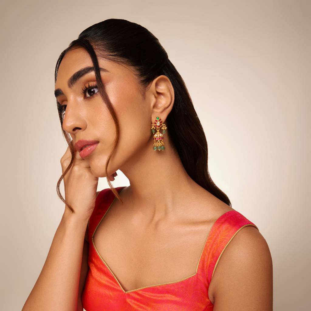 Ruby-Green Gold - Plated Festive Temple Earring - 467831 : 467831