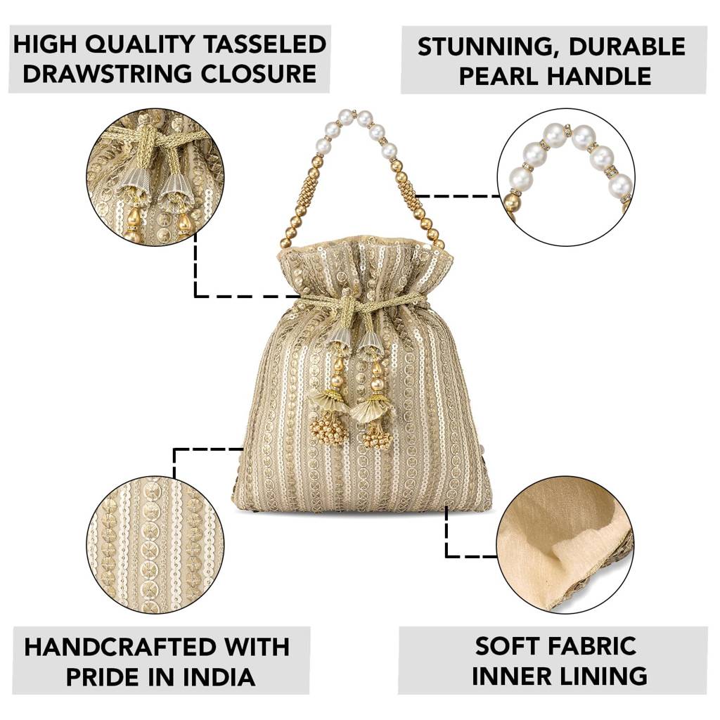 Potli Purse For Women Handmade Evening Handbag Stylish Bridal Fashion Wristlet Bag For Girls (P163G) : P163G