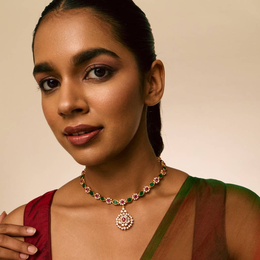 Ruby-Green Gold - Plated Festive Temple Necklace - 456608 : 456608