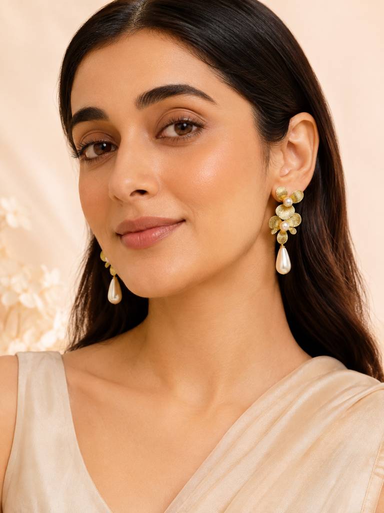 Floral Pearl Drop Gold Statement Earrings : AN-LJ-GO-0074-DE
