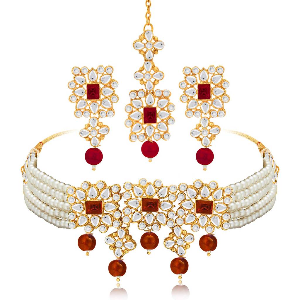 Gold Plated Pearl Beaded Adjustable Choker Necklace With Earring Maang Tikka Jewellery Set For Women : PF37N224WM