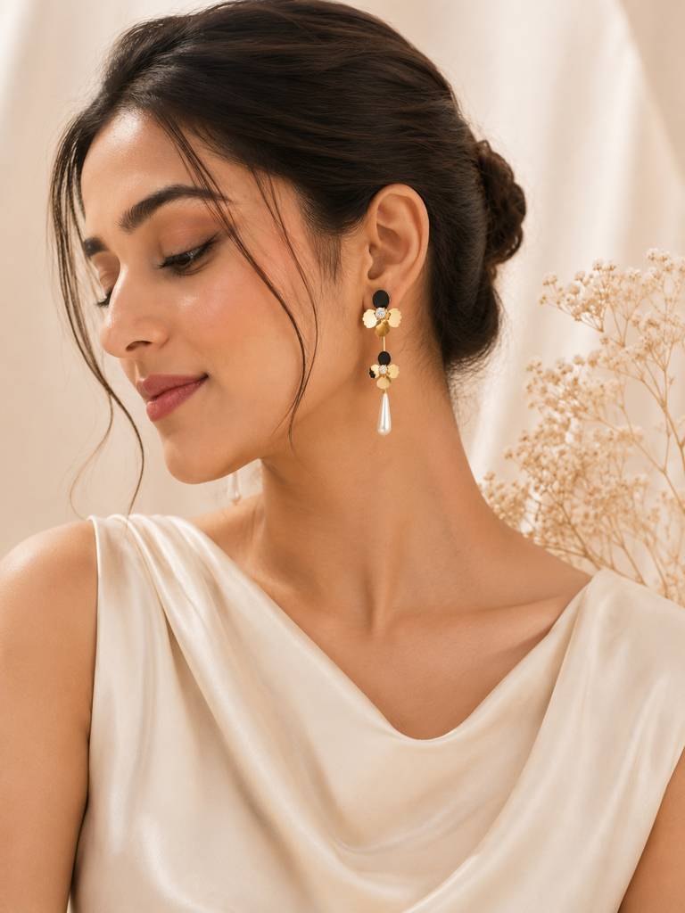 Double Floral Pearl Drop Earrings : AN-LJ-GO-0072-DE